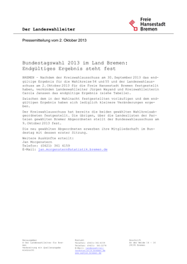 Bundestagswahl 2013 Im Land Bremen: Endgültiges Ergebnis Steht Fest