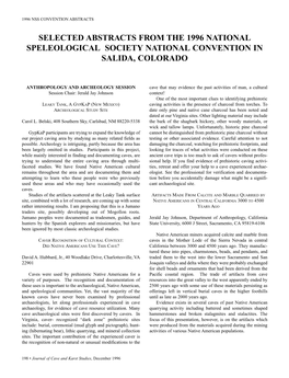 Selected Abstracts 1996 NSS Convention in Salida, Colorado