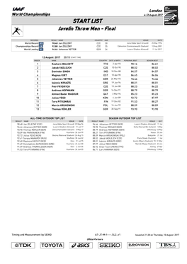 START LIST Javelin Throw Men - Final