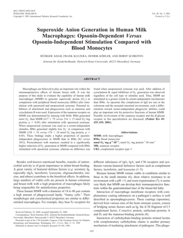 Superoxide Anion Generation in Human Milk Macrophages: Opsonin-Dependent Versus Opsonin-Independent Stimulation Compared with Blood Monocytes