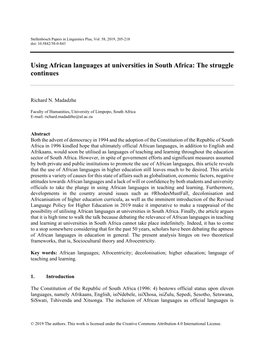 Using African Languages at Universities in South Africa: the Struggle Continues