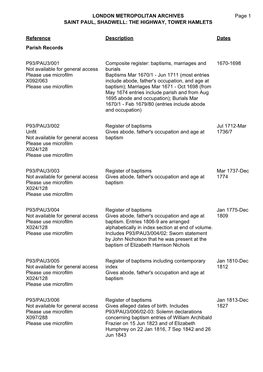 LONDON METROPOLITAN ARCHIVES SAINT PAUL, SHADWELL: the HIGHWAY, TOWER HAMLETS P93/PAU3 Page 1 Reference Description Dates Parish