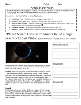 "Planet Nine": Have Astronomers Found a Huge New World Past Pluto? by Scientific American, Adapted by Newsela Staff 01.25.16