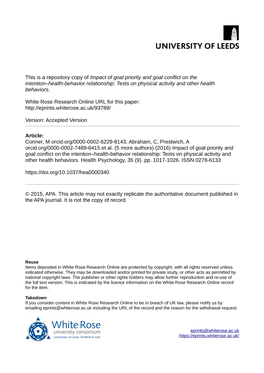 Impact of Goal Priority and Goal Conflict on the Intention–Health-Behavior Relationship: Tests on Physical Activity and Other Health Behaviors