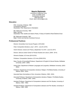 Nasrin Rahimieh University of California, Irvine Irvine, CA 92697-3375 Comparative Literature (949) 824-0406 Email: Nasrin.Rahimieh@Uci.Edu