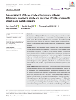 An Assessment of the Centrally Acting Muscle Relaxant Tolperisone on Driving Ability and Cognitive Effects Compared to Placebo and Cyclobenzaprine