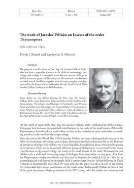 The Work of Jaroslav Pelikán on Insects of the Order Thysanoptera