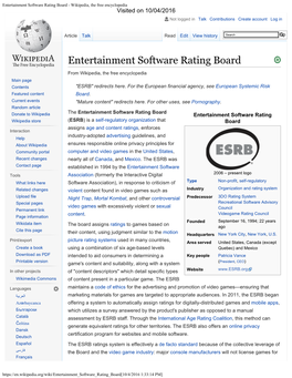 Entertainment Software Rating Board - Wikipedia, the Free Encyclopedia Visited on 10/04/2016 Not Logged in Talk Contributions Create Account Log In