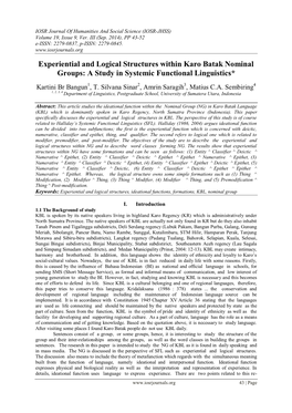 Experiential and Logical Structures Within Karo Batak Nominal Groups: a Study in Systemic Functional Linguistics*