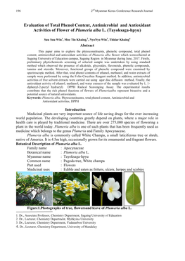 Evaluation of Total Phenol Content, Antimicrobial and Antioxidant Activities of Flower of Plumeria Alba L