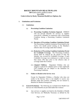 ROCKY MOUNTAIN HEALTH PLANS 2007 LIMITATIONS and EXCLUSIONS SOLO PPO Underwritten by Rocky Mountain Healthcare Options, Inc