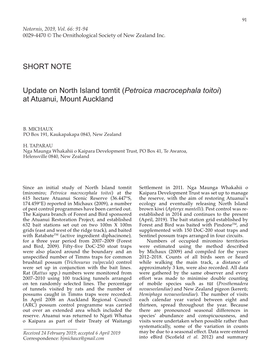 SHORT NOTE Update on North Island Tomtit (Petroica Macrocephala Toitoi)