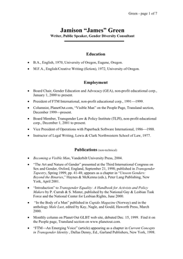 Jamison “James” Green Writer, Public Speaker, Gender Diversity Consultant