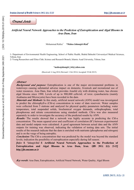 Artificial Neural Network Approaches to the Prediction of Eutrophication and Algal Blooms in Aras Dam, Iran