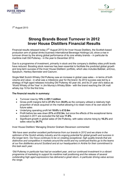 Strong Brands Boost Turnover in 2012 Inver House Distillers Financial Results