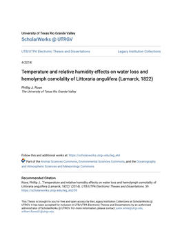 Temperature and Relative Humidity Effects on Water Loss and Hemolymph Osmolality of Littoraria Angulifera (Lamarck, 1822)