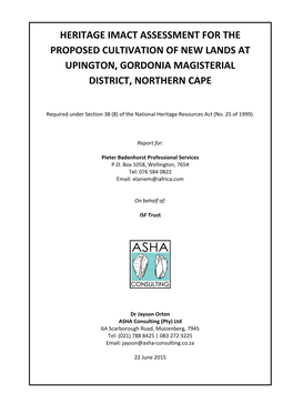 Heritage Imact Assessment for the Proposed Cultivation of New Lands at Upington, Gordonia Magisterial District, Northern Cape