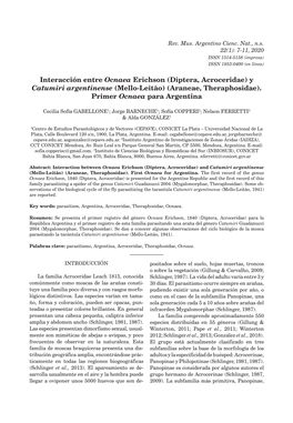 Interacción Entre Ocnaea Erichson (Diptera, Acroceridae) Y Catumiri Argentinense (Mello-Leitão) (Araneae, Theraphosidae)