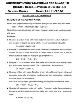 Chemistry Study Materials for Class 10 (NCERT Based Revision of Chapter -03) Ganesh Kumar Date:- 24/11/2020