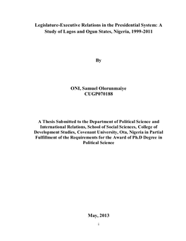 Legislature-Executive Relations in the Presidential System: a Study of Lagos and Ogun States, Nigeria, 1999-2011