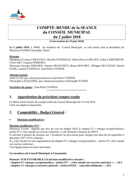 COMPTE–RENDU De La SEANCE Du CONSEIL MUNICIPAL Du 2 Juillet 2018 (Convocation Du 25 Juin 2018)