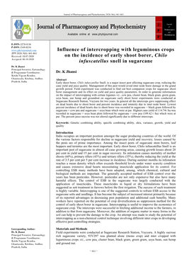 Influence of Intercropping with Leguminous Crops on the Incidence of Early Shoot Borer, Chilo Infuscatellus Snell in Sugarcane