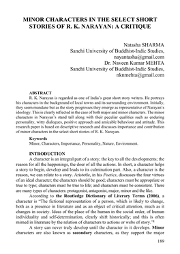 Minor Characters in the Select Short Stories of R. K. Narayan: a Critique