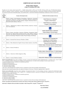 OBWIESZCZENIE Wójta Gminy Osięciny Z Dnia 12 Kwietnia 2019 Roku