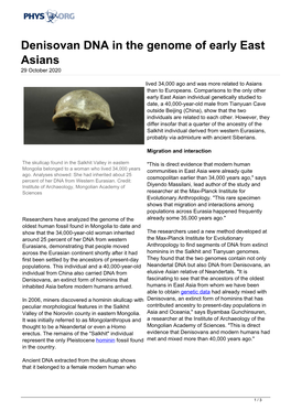 Denisovan DNA in the Genome of Early East Asians 29 October 2020