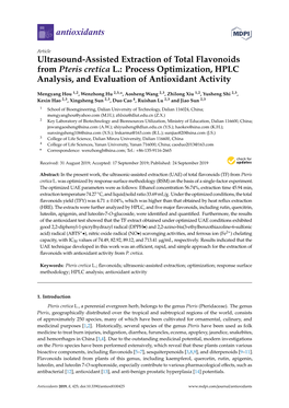 Ultrasound-Assisted Extraction of Total Flavonoids from Pteris Cretica L.: Process Optimization, HPLC Analysis, and Evaluation of Antioxidant Activity