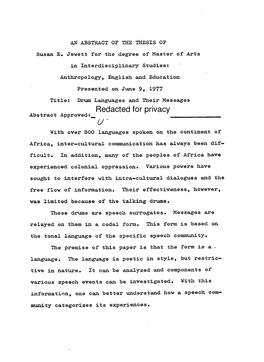 Drum Languages and Their Messages Redacted for Privacy Abstract Approved