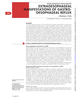 Extraoesophageal Manifestations of Gastro-Oesophageal Reflux Disease (GORD)