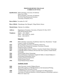 Professor Henry Indangasi Curriculum Vitae