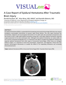 VISUAL Em a Case Report of Epidural Hematoma After Traumatic