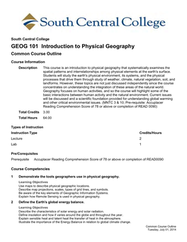 GEOG 101 Introduction to Physical Geography Common Course Outline