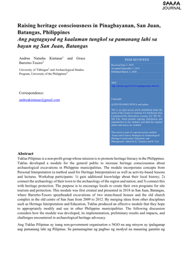 Raising Heritage Consciousness in Pinagbayanan, San Juan, Batangas, Philippines Ang Pagtaguyod Ng Kaalaman Tungkol Sa Pamanang Lahi Sa Bayan Ng San Juan, Batangas