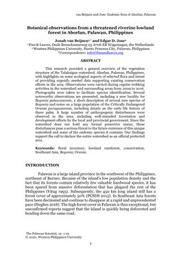 Botanical Observations from a Threatened Riverine Lowland Forest in Aborlan, Palawan, Philippines