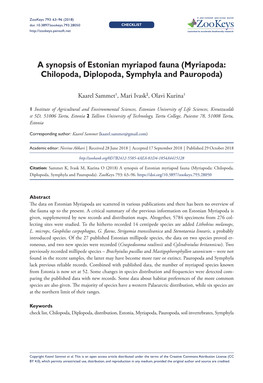 A Synopsis of Estonian Myriapod Fauna