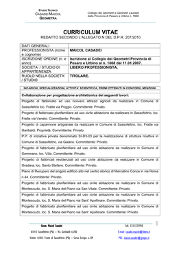 Curriculum Vitae Redatto Secondo L’Allegato N Del D.P.R