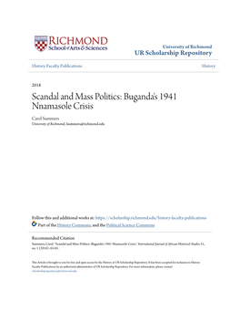 Scandal and Mass Politics: Buganda's 1941 Nnamasole Crisis Carol Summers University of Richmond, Lsummers@Richmond.Edu