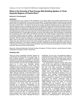 What Is the Diversity of Sub-Canopy Web Building Spiders in Three Separate Regions of Puerto Rico?