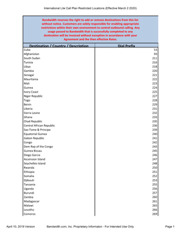 International Lite Call Plan Restricted Locations (Effective March 2 2020)