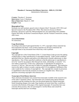 Theodore C. Sorensen Oral History Interview – RFK #1, 3/21/1969 Administrative Information