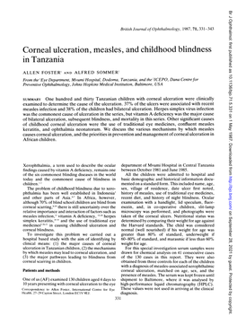 Corneal Ulceration, Measles, and Childhood Blindness in Tanzania