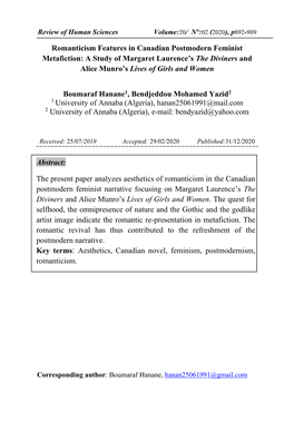 Romanticism Features in Canadian Postmodern Feminist Metafiction: a Study of Margaret Laurence’S the Diviners and Alice Munro’S Lives of Girls and Women