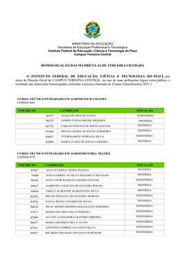 Homologação Das Matrículas De Terceira Chamada O