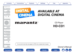 Marantz HD-CD1 Mini CD Player Owners Manual | Digital Cinema