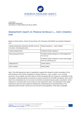 Assessment Report on Pistacia Lentiscus L., Resin (Mastix) Draft