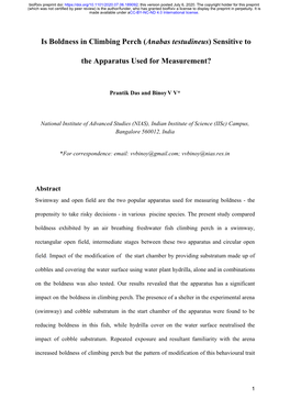 Anabas Testudineus) Sensitive to ​ ​ the Apparatus Used for Measurement?