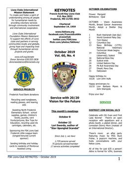 KEYNOTES OCTOBER CELEBRATIONS Mission Statement Francis Scott Key Lions Club to Create and Foster a Spirit of Flower: Marigold P.O